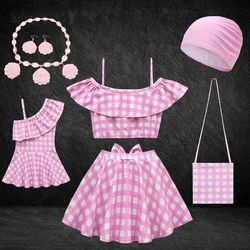 Traje de baño a cuadros Rosa Vintage para niñas, fiesta de Halloween de verano para traje de baño, Margot, Tracy, películas, Barbi, disfraz de Cosplay, collar de concha rosa, pendientes