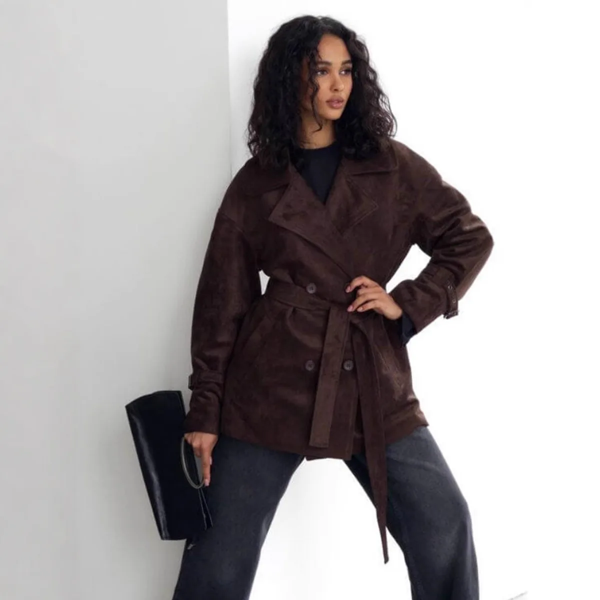 Veste en daim Vintage manteau 2025 automne hiver nouveau col rabattu cravate taille manteau