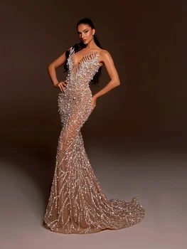 真珠とスパンコールの人魚のウェディングドレス,透明,ストラップレス,ビーズ,カスタム,ノースリーブ,レース付き