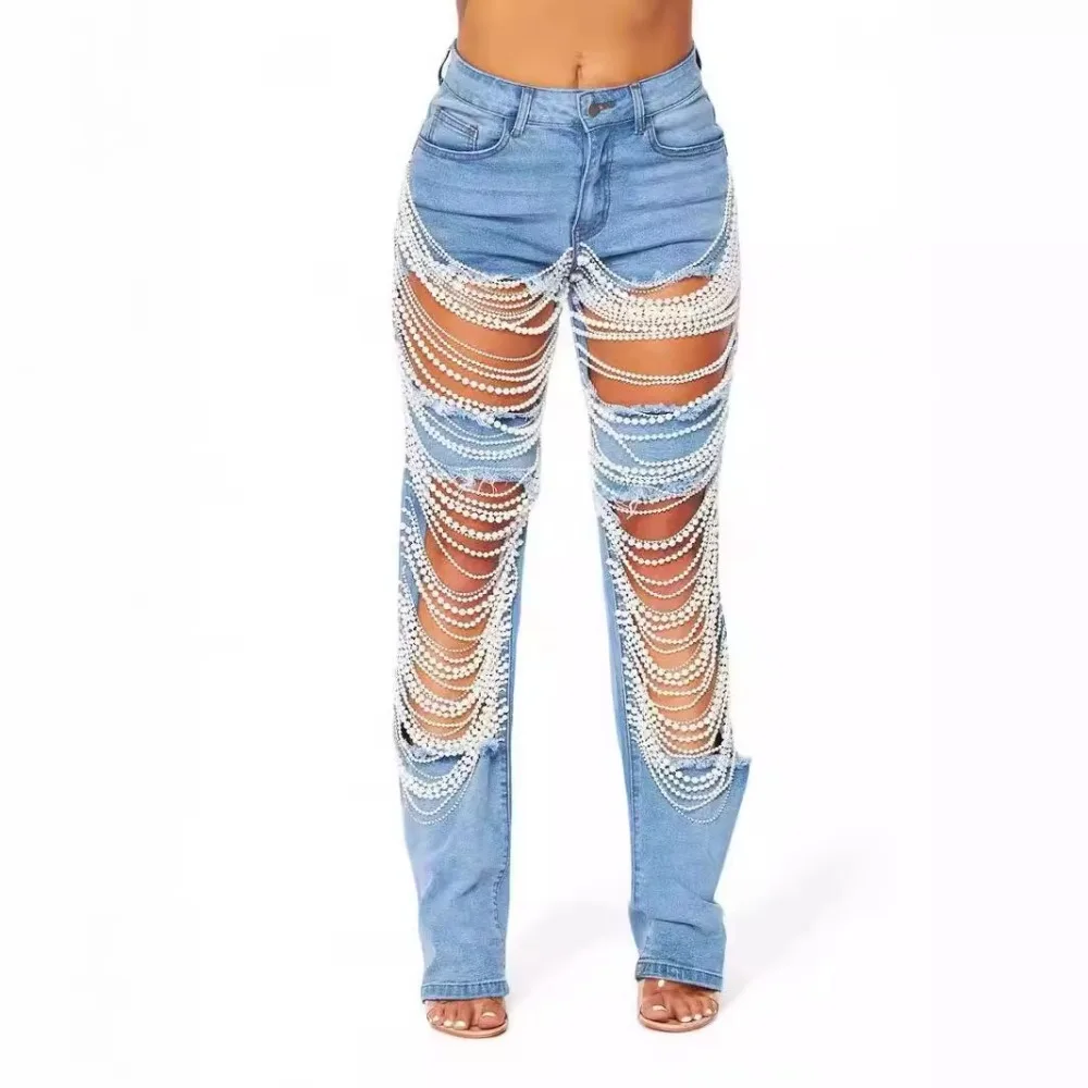 

Y2k Big Ripped Jeans Women Chain Bead Chain Charms Straight Legs Pants Streetwear Design Vintage Harajuku Goth Hip Hop Jeans
