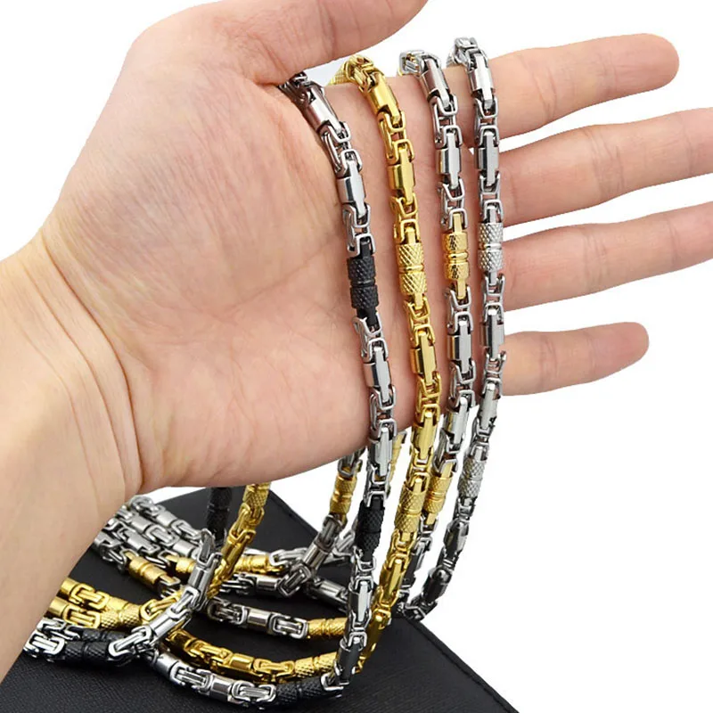 6mm Heavy 18K Gold Color Stainless Steel Byzantine Chain Necklace Men Women Punk Rock Hiphop Black Biker Bike Choker Jewelry