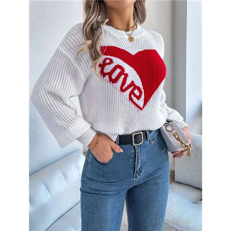 CYL-Valentine's Day Sweater For Women Heart Woven Knitted Pullover Long Sleeve Woven Knitted Casual Sweater