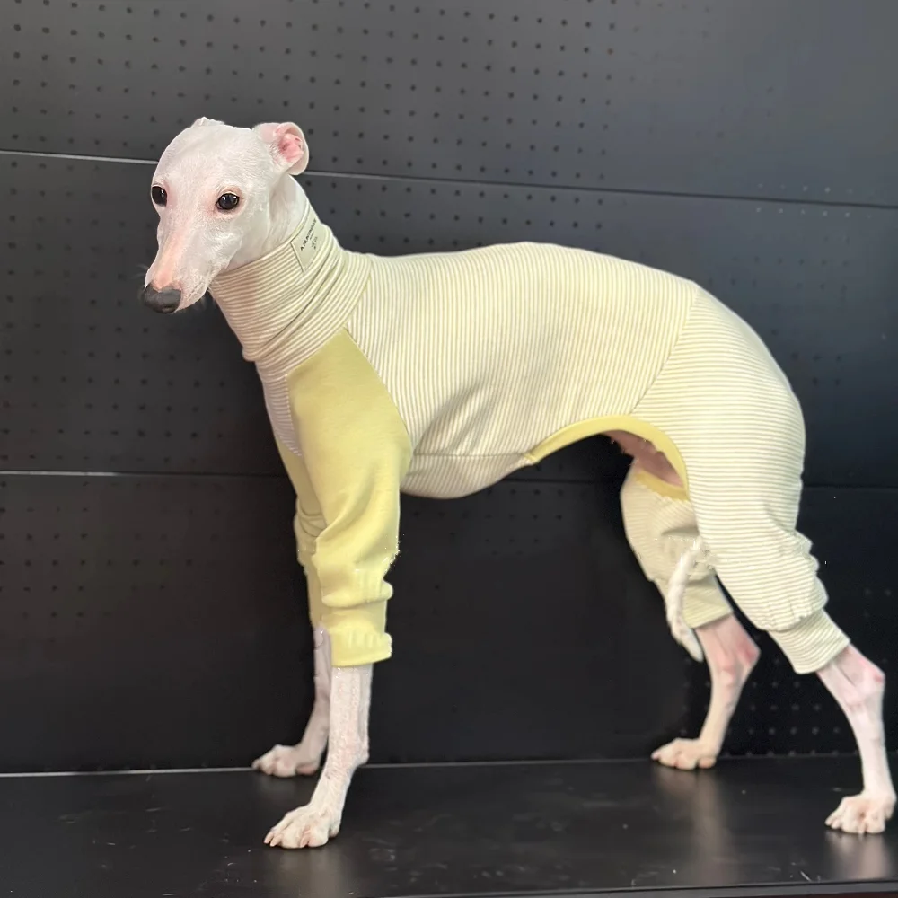 Yellow Stripped Cotton Jumpsuit for Dogs Elastic Spring 4-legged Coat for Bedlington Little Greyhound High-neck Winter Pajamas