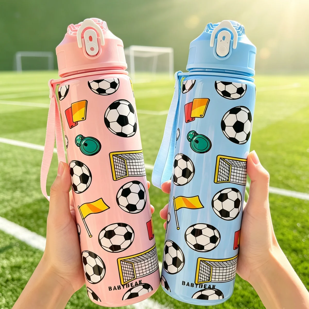 Plastic Sports Water Bottle Football Pattern Leakproof Flip Lid Portable Drink Bottle with Strap for KidsBoys Outdoor Travel Gym