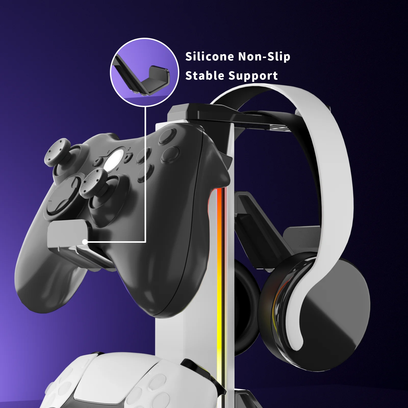 REMANK RGB Game Controller Stand Holder Rack For PS5 PS4 Xbox with 9 Light Modes 2 USB Charging Desk Headphone Holder Stand Hook view 6