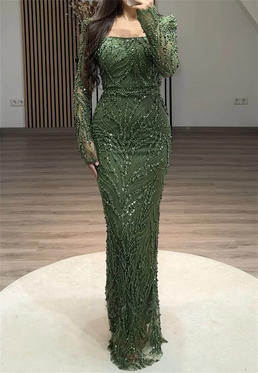 

Cathy Customized Sheath Square Collar Beaded Prom Dresses Luxury Long Sleeve vestidos de noiva Floor-Length Formal Evening 2025