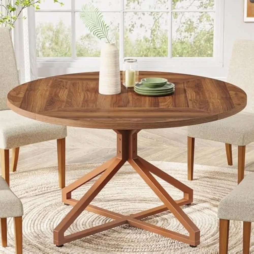 Round Dining Table 4-6 People, 47-Inch Circle Kitchen Table Dining  Room with Metal  Pedestal Base, Wood Dinner Table