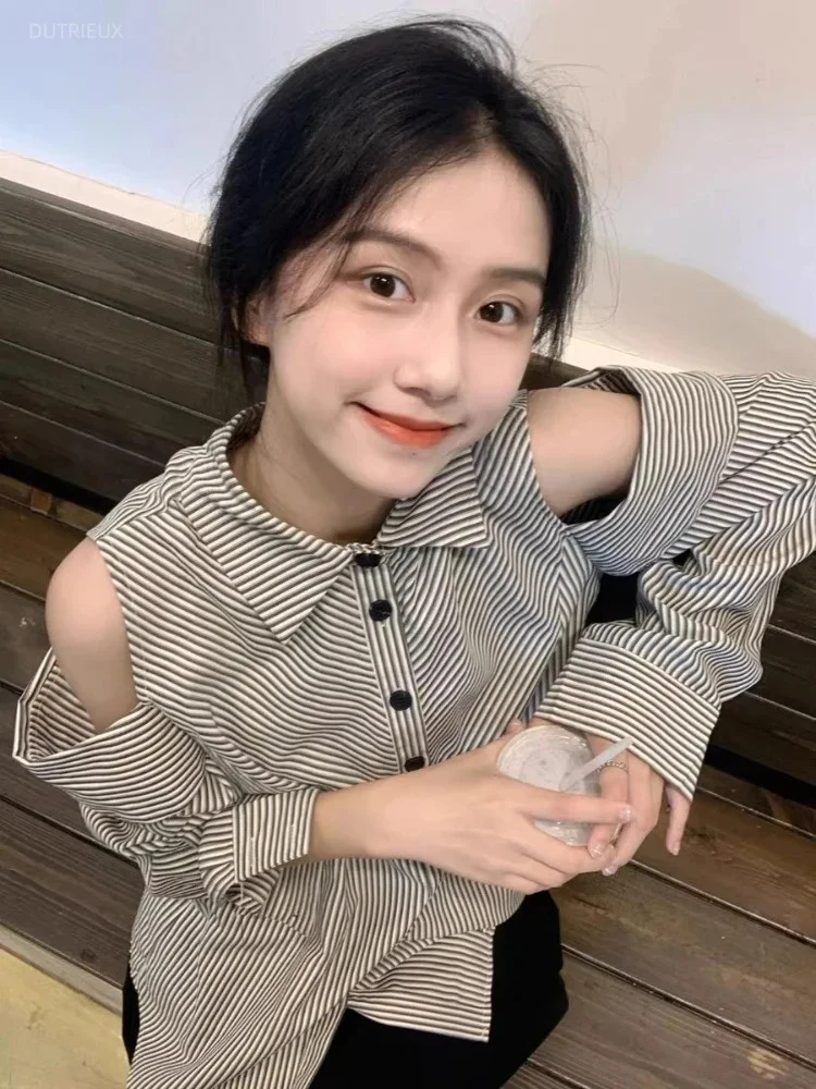 Sun Protection Vintage Stripe Loose Women Blouse Y2k Aesthetic Off Shoulder Grunge Blusas Harajuku Single Breasted Casual Shirt
