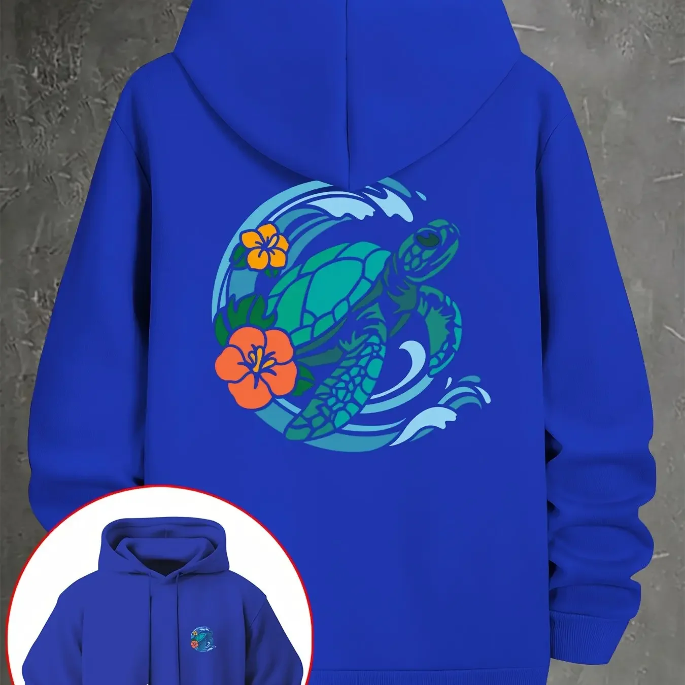 Men Oversized Casual Hoodie Tropical Sea Turtle Wave Hibiscus Print Pullover Korean Vacation Sweatshirt