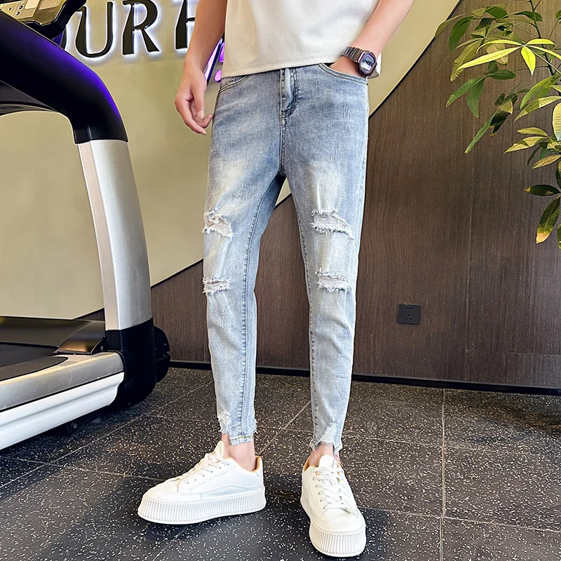 

Мужские повседневные джинсы с дырками, узкий крой, 27 дюймов, светлый цвет, укороченные брюки, молодежный стиль, хлопок/полиэстер