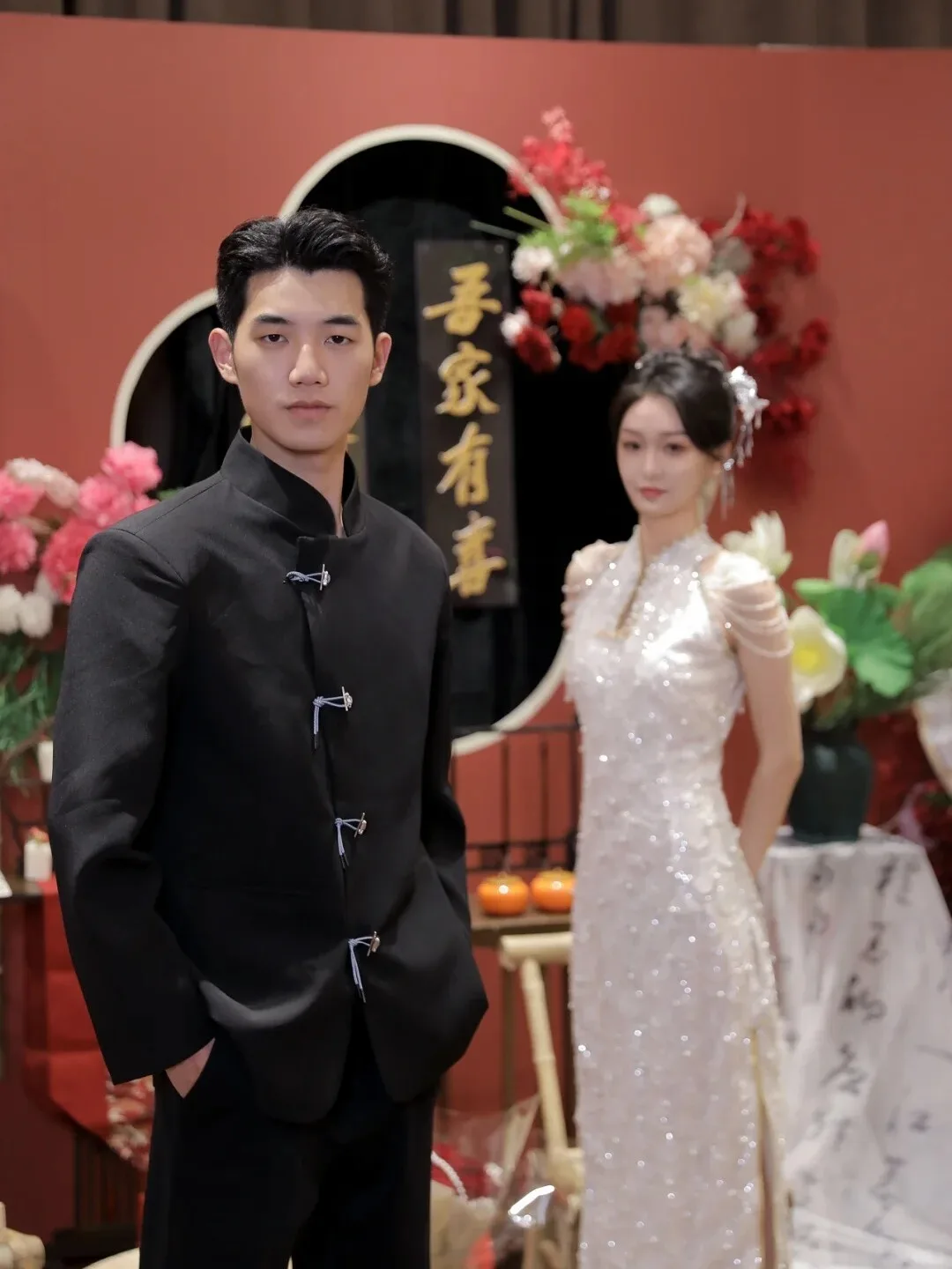 New Chinese Style Men's Casual Metal Button Suit Jacket Wedding Engagement Party Wear Standard Fit Long Sleeve Polyester