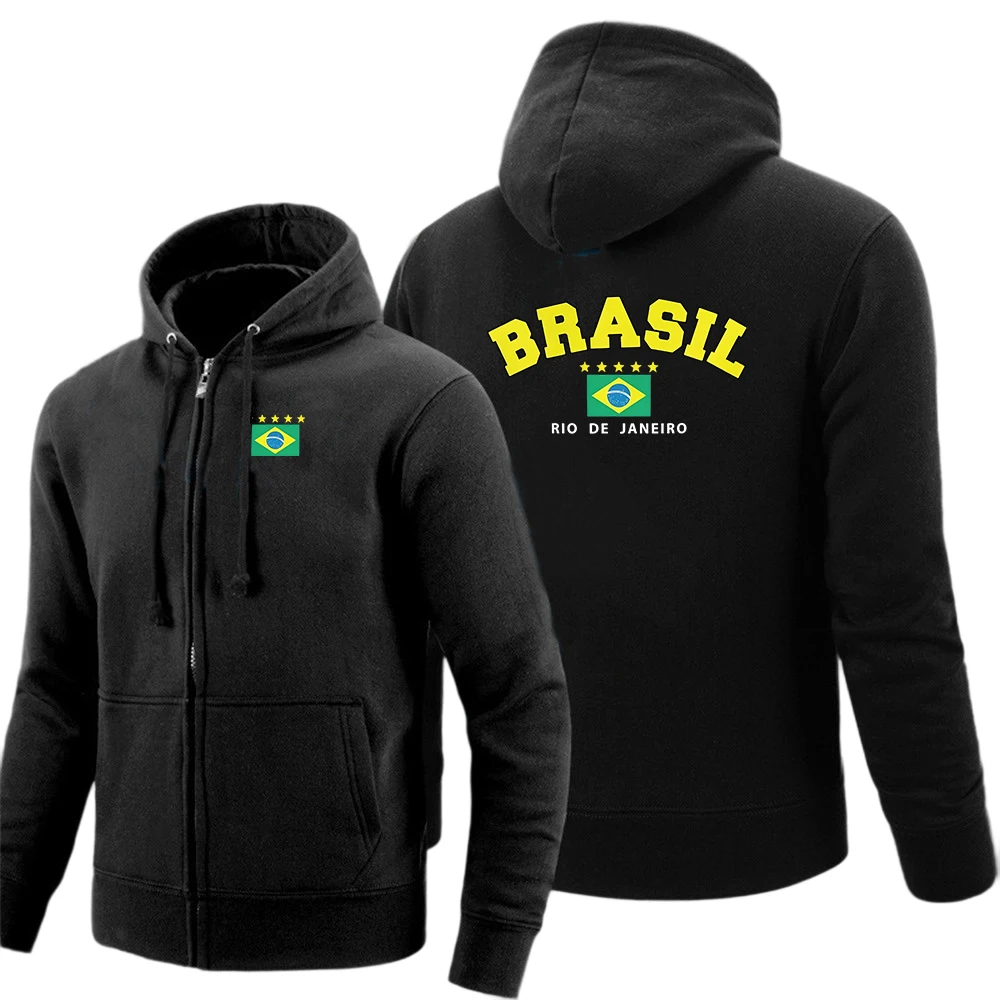 Logotipo da bandeira do Brasil com estrela, moletom masculino para primavera e outono, moletom de manga comprida com bolso e zíper, jaqueta casual com