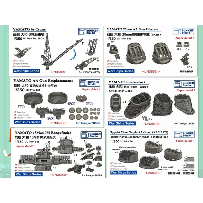 BUNKER STUDIO 1: 350  Series TAKAO Smokestacks. Cast&Crane. Stream Pipes, Rangefinder ，Searchlight  3D printing model kit