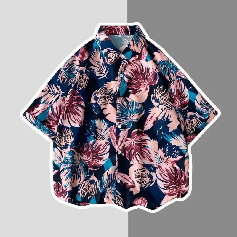 

Retro Hong Kong Sle Men's Floral ort Sve irt Summer Beach Vaion Loose Couple irt Youth Trend Polyester Fabric