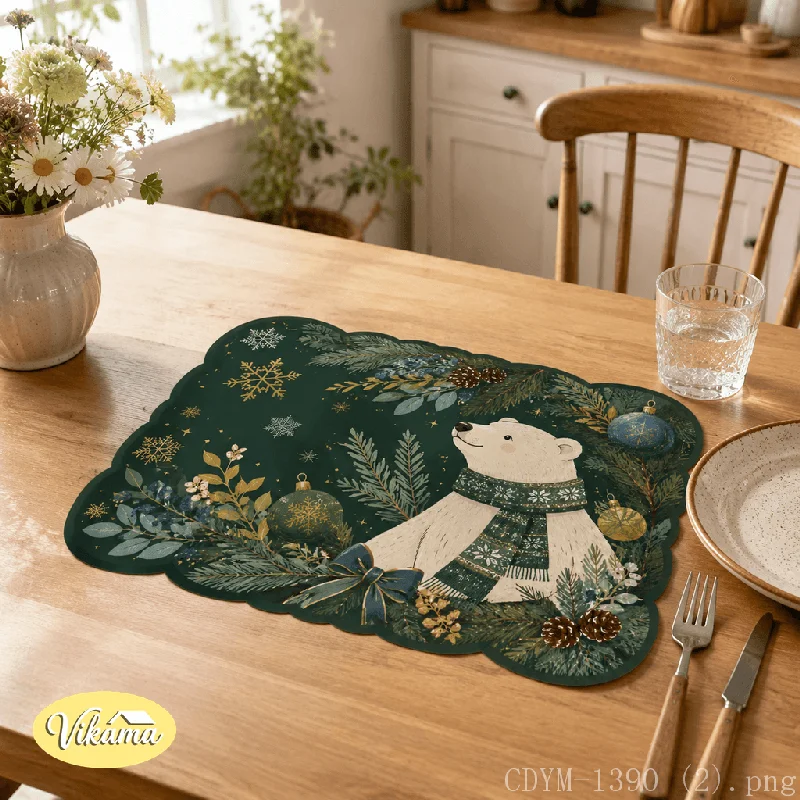 VIKAMA Christmas Placemat Green Polar Bear Ornaments, Waterproof Oil-Proof Heat-Resistant Non-Slip Holiday Table Mat