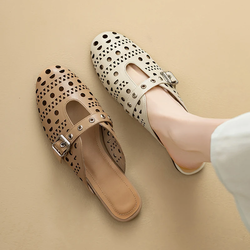 Genuine Leather Mesh hollow design slippers shoes women summer mules square toe 1cm low heels flats sandals Casual shoes