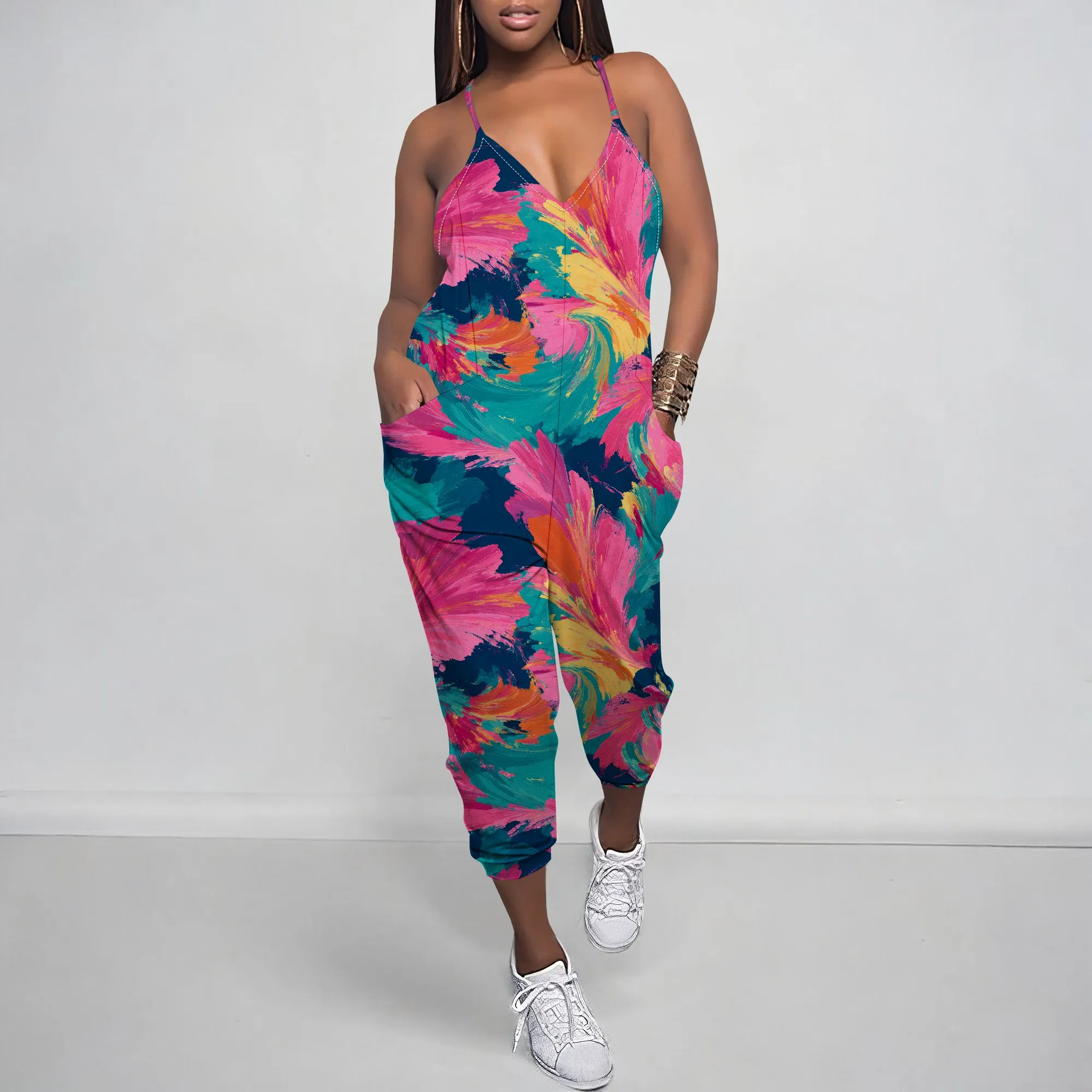 2025 Plus Size Bohemian Summer Fashion Women Overalls Sexy Backless Suspender Bodysuit Travel Floral Print Jumpsuit