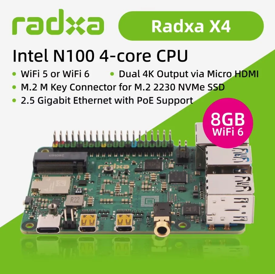 Radxa X4 with Intel N100, Dual 4K Output, 2.5Gbps Ethernet, PCIe 3.0 M.2 M Key, WiFi 5/6, High-Performance SBC