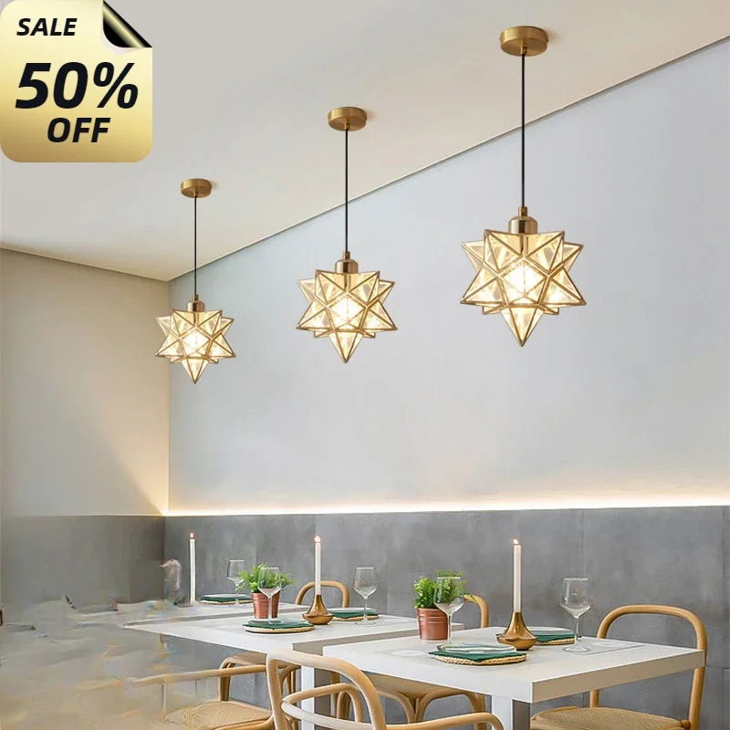 

Creative Star Copper LED Pendant Lamp Kitchen Cafe Dinning Living Room Light Modern Glass Pendant Lights Lampara Colgante