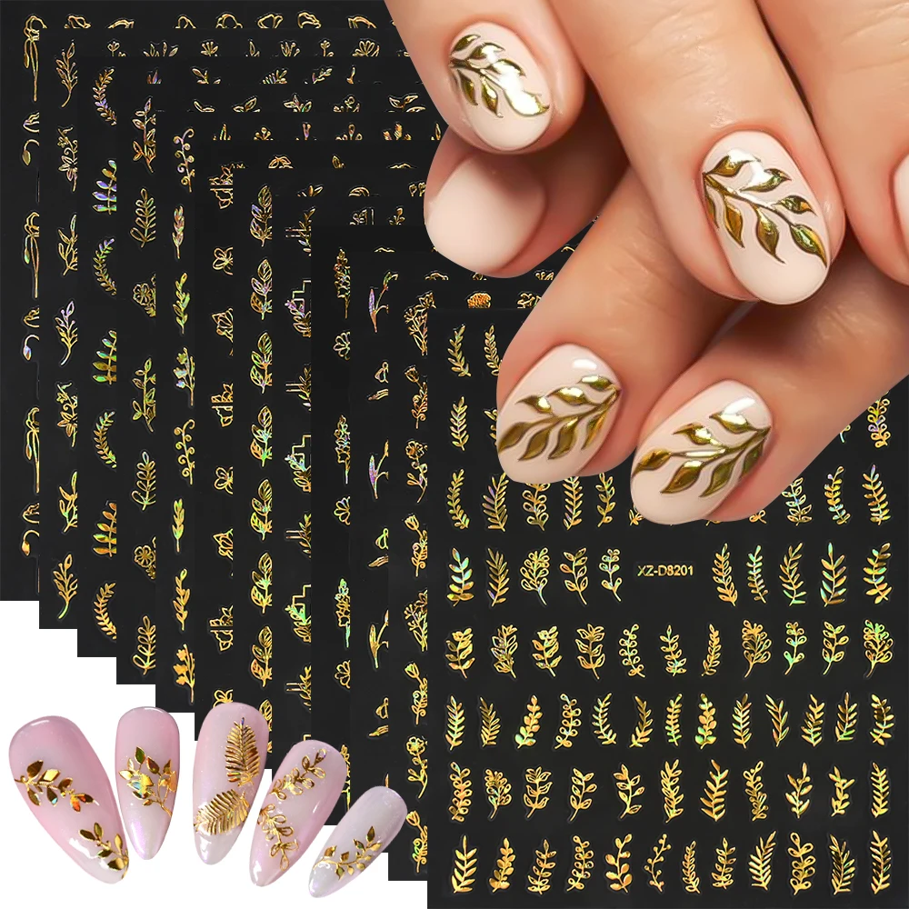 12pcs Metal Simple Leaf Nail Stickers 3D Gold Leaves Flower Bronzing Self-Adhesive Slider Nail Decals DIY Manicure Decoration