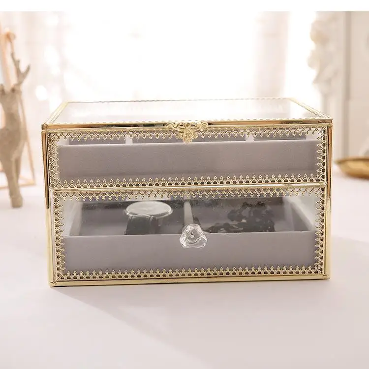 Retro Copper Glass Double Jewelry Box Watch Finishing Earrings Necklace Storage Rack Desktop