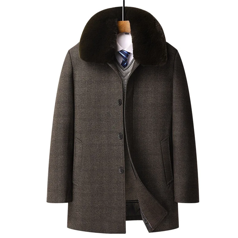 

Autumn and Winter Thick Short Style with Fur Colla Middle-aged Men's Plaid Woolen Coat Dad's Outfit Warm British Style