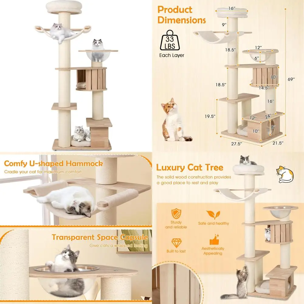 برج قطة خشبي عالي الجودة متعدد المستويات مقاس 69 بوصة مع أعمدة خدش، وجثم، وشقق، وكبسولة فضائية، وأرجوحة، وغطاء قابل للغسل #1