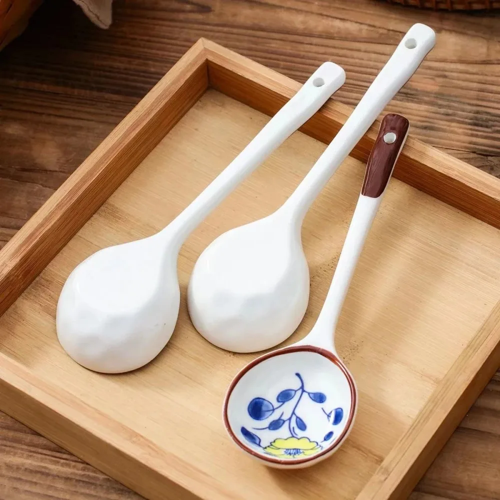 Hand-Painted Underglaze Ceramic Spoon Set, 4/6Pcs Long Handle Household Spoons, Creative Dessert Soup Spoon Gift Box