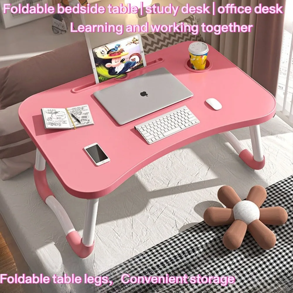 Foldable Study Desk in Bed Small Desk for Students To Study on Rectangular Office Desks Computer Desk with Cup Holder Pink Table