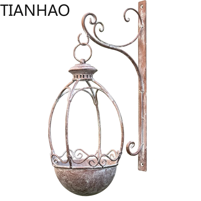 Wrought iron old hanging iron chain hook basket orchid pot green plant wall green dill flower stand