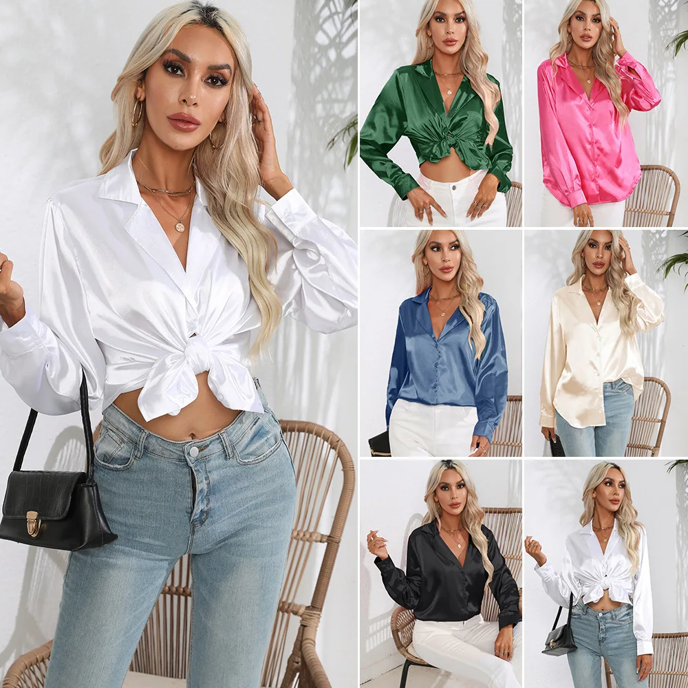 Women's Fashion Satin Silk-Like Shirt Collared Single Breasted Silky Drape Elegant Commute Versatile Slim Fit Long Sleeve Blouse