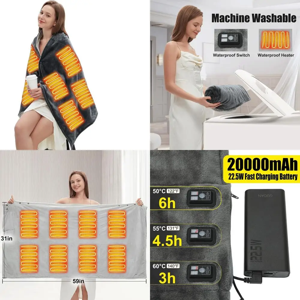 

Portable Cordless Heated Blanket with 20,000mAh Battery, 3 Heat Levels, Washable, Timer, Soft & Cozy Throw