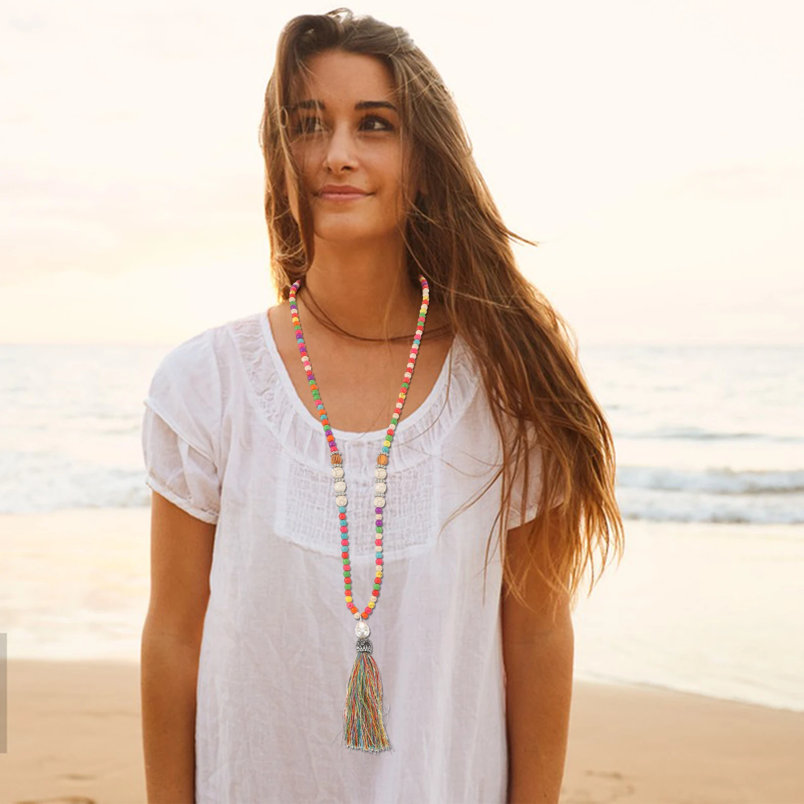 

Bohemian Necklace Bead for Women Beaded Manual Choker Necklaces Line Tassel Boho Colorful Miss