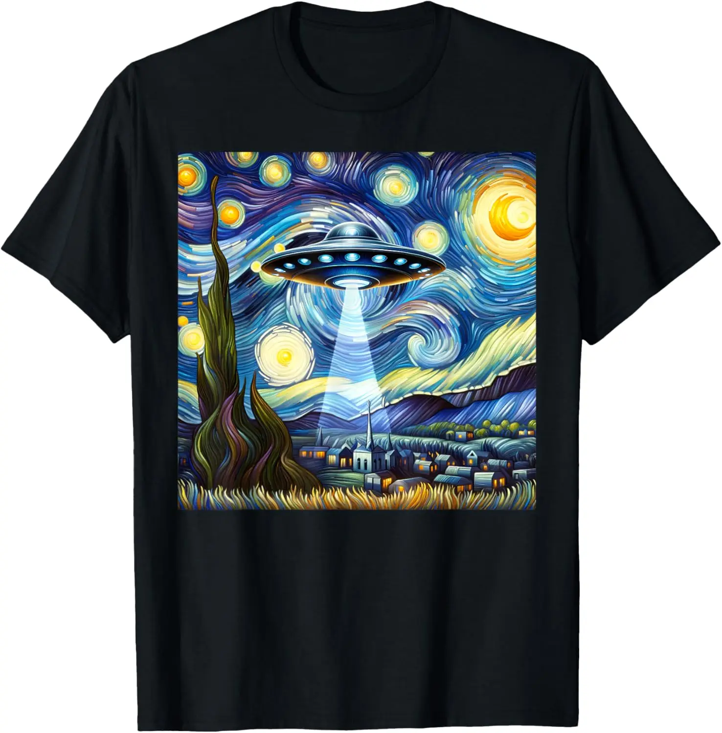 تي شيرت UFO Starry Night Alien Van Gogh Sky Painting Art UFO Alien