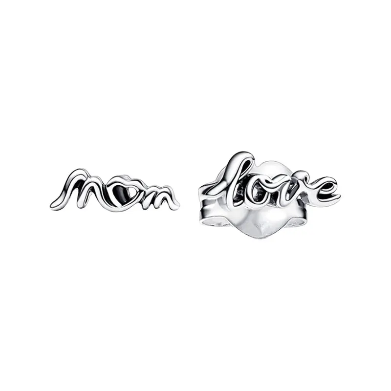 

Love Mum Ear Piercing Stud Earrings For Women Clear Zircon Stones Real 925 Sterling Silver Original Jewelry Mother's Day Gifts