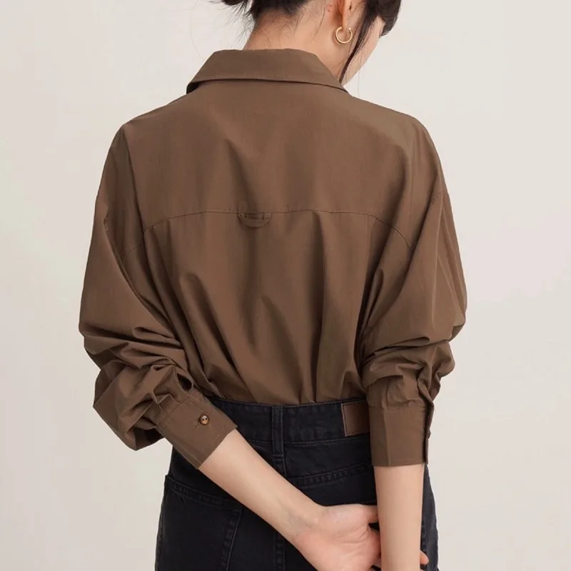 Shirt Women Spring New Brown Long Sleeve Shirt Loose Top