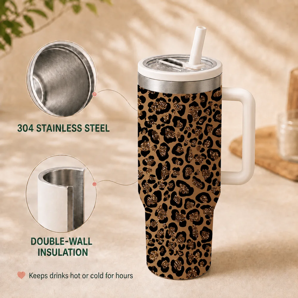 Leopard Print Series Vacuum Flasks 40oz Insulated Stainless Steel Tumbler Leakproof Straw Lid & Grip Handle Travel Cup