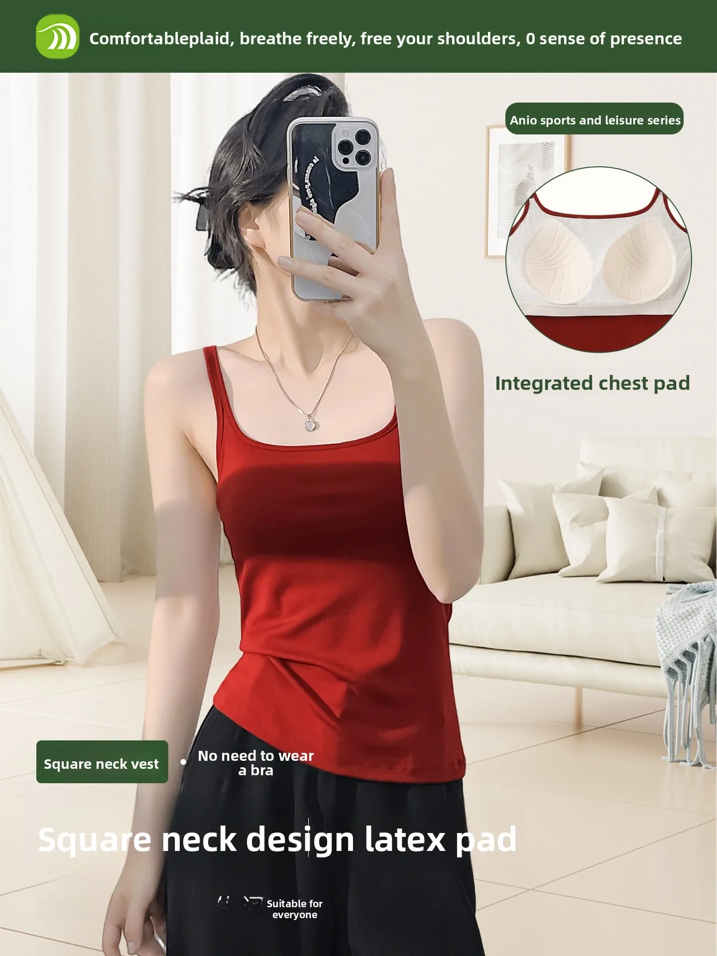 

Anio Inteated Women's Vest with Chest Pad Non-Slip Cup Inner Wear Outer Wear Breathable High Elastici Regular Length Yoga