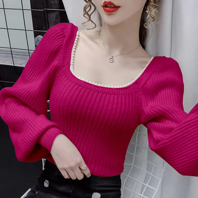 Fashion Square Collar Knitted Spliced Beading Sweaters Female Clothing 2023 Autumn New Casual Pullovers Solid Color Commute Tops