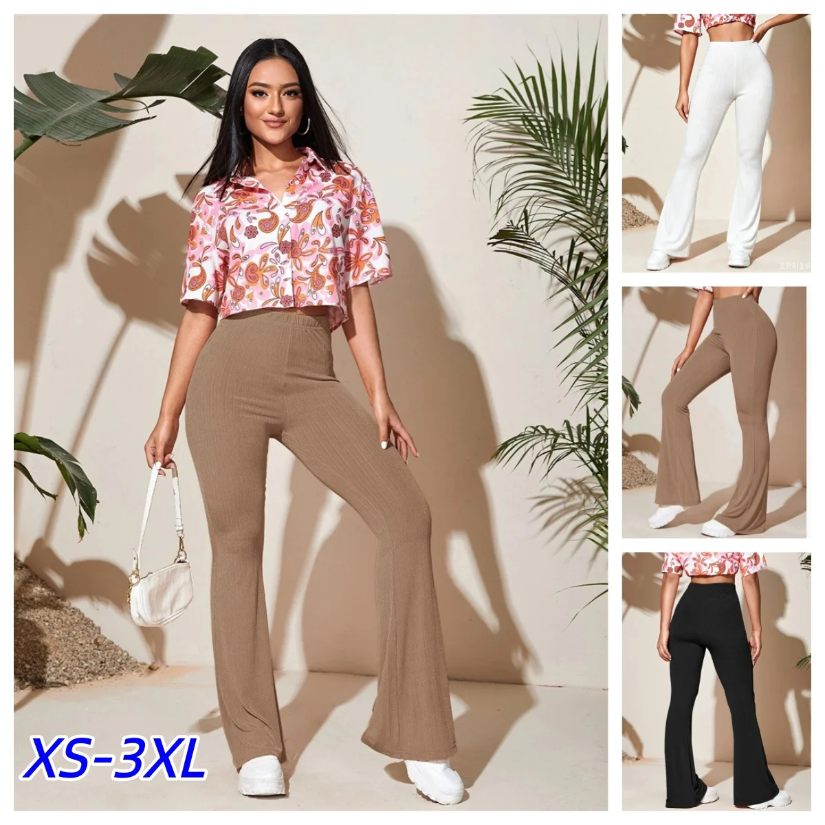 Y2K Women Summer Bell-Bottoms Elastic Waist Yoga Pants Sexy High Waist Wide Leg Long Trousers Casual Solid Knitted Flare Pants