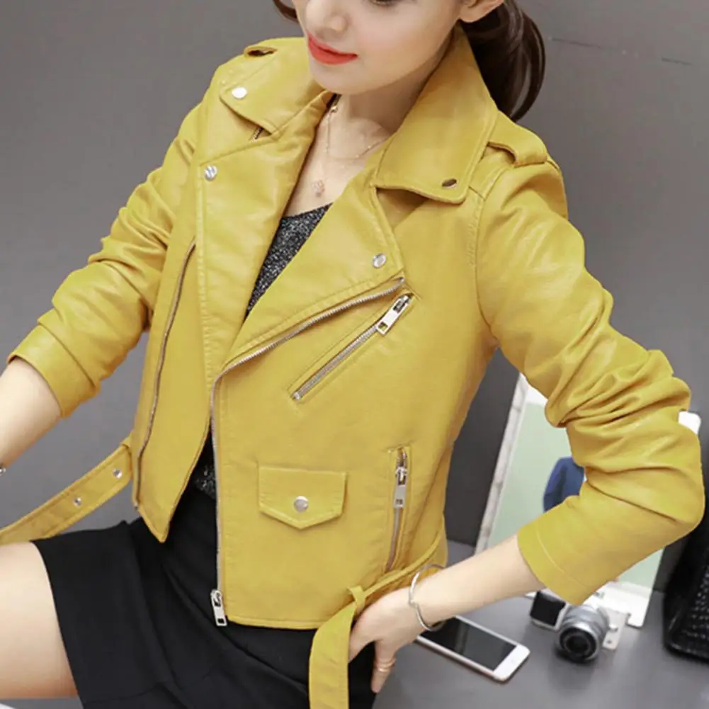 Autumn Winter Faux Leather Jacket for Women Turn-down Collar Zip-up Zipper Rivet Decor Motorcycle Jacket Coat Outerwear