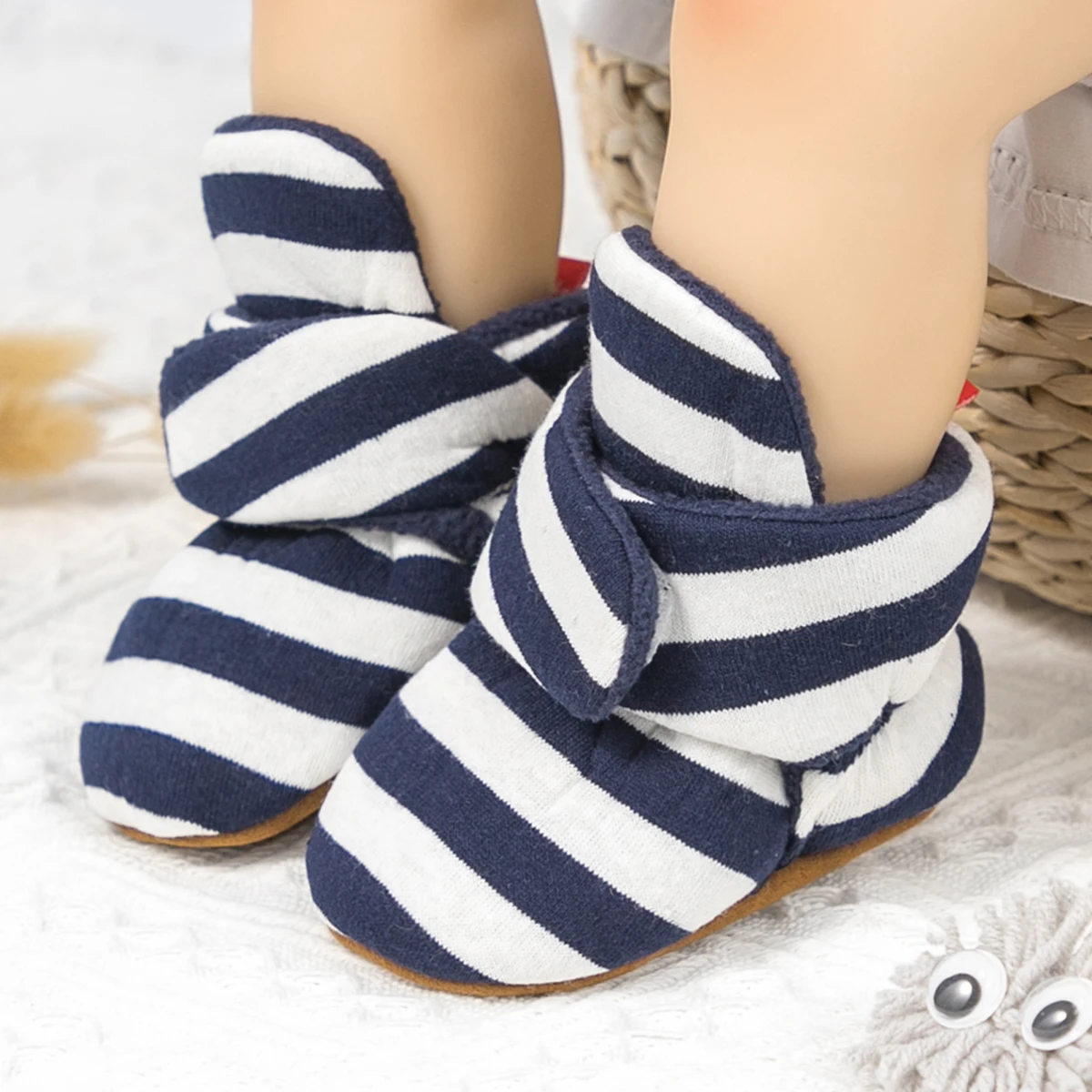 Winter Baby Socks Booties Pinstripe Fluff Soft Toddler First Walkers Anti-slip Easy Wear Warm Newborn Boy Girl Shoes 0-18M