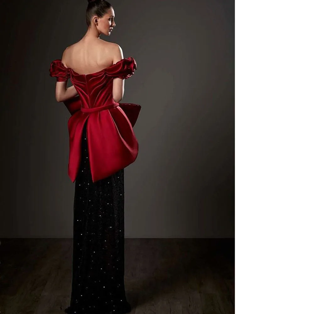 Elegant Red and Black Contrast Women Prom Dresses Sweetheart Off Shoulder Floor Length Sexy High Side Split Evening Party Gowns