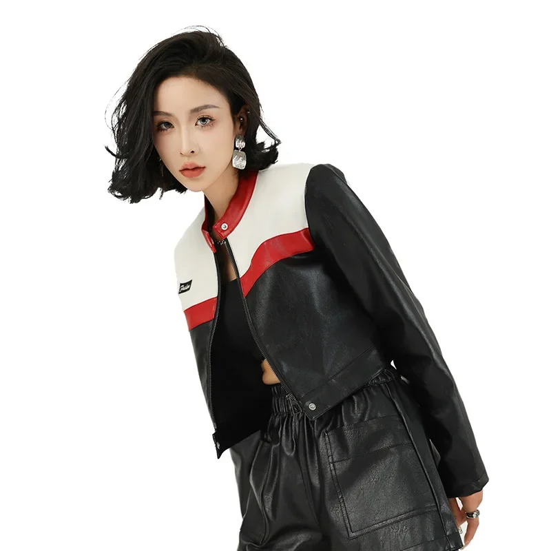 2024 women\'s new color matching, locomotive PU leather jacket, short stand-up collar casual leather jacket