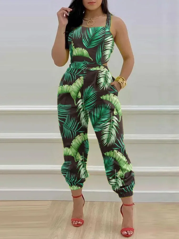 

Thick Strap Sleeveless Summer Jumpsuit Plant Print Criss Cross Tied Detail Backless Jumpsuit Women One Piece Overalls