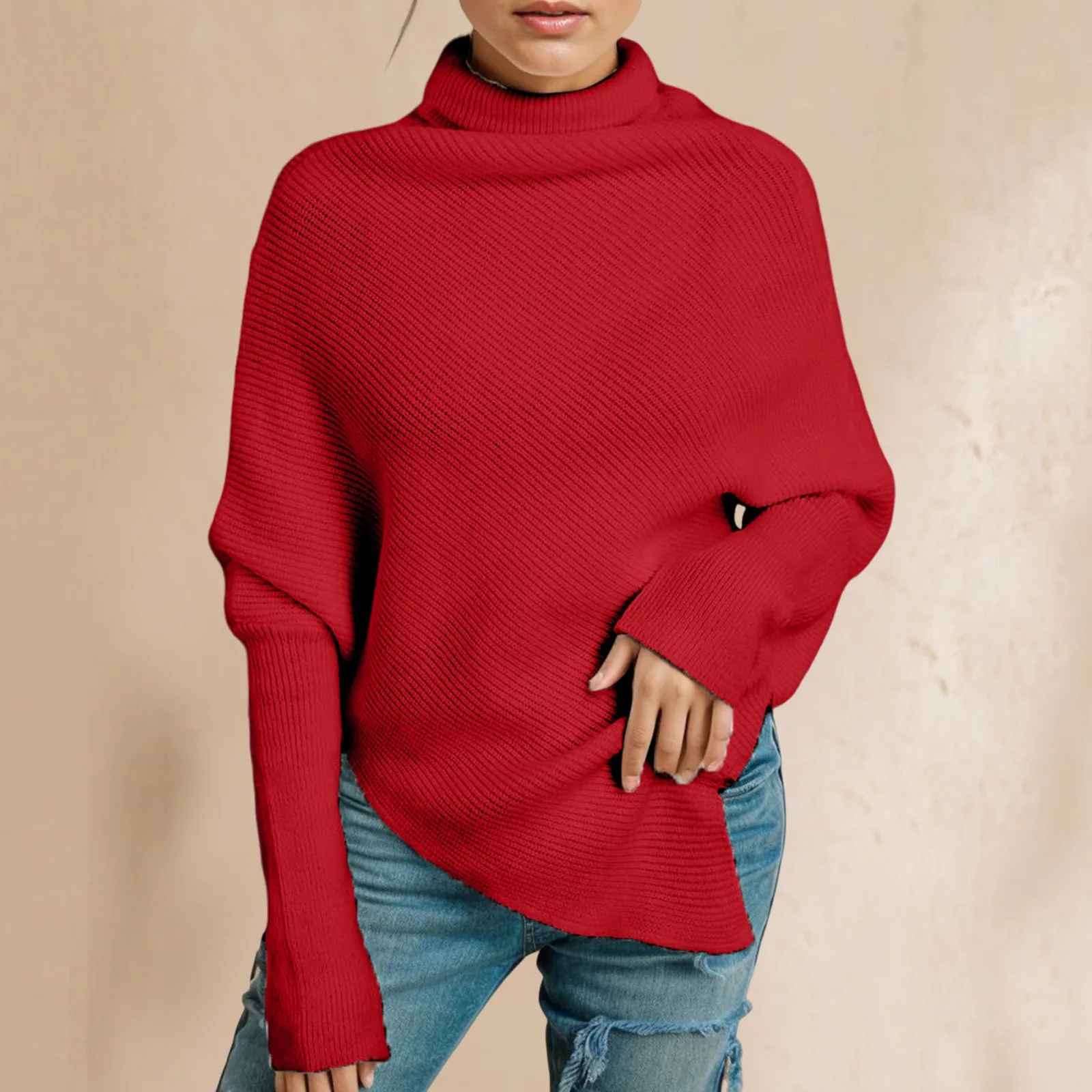 Women'S Irregular High Neck Solid Color Sweater Women'S Loose Knit Simple Style Female Elegant Slim Fit Casual Pullover Sweater