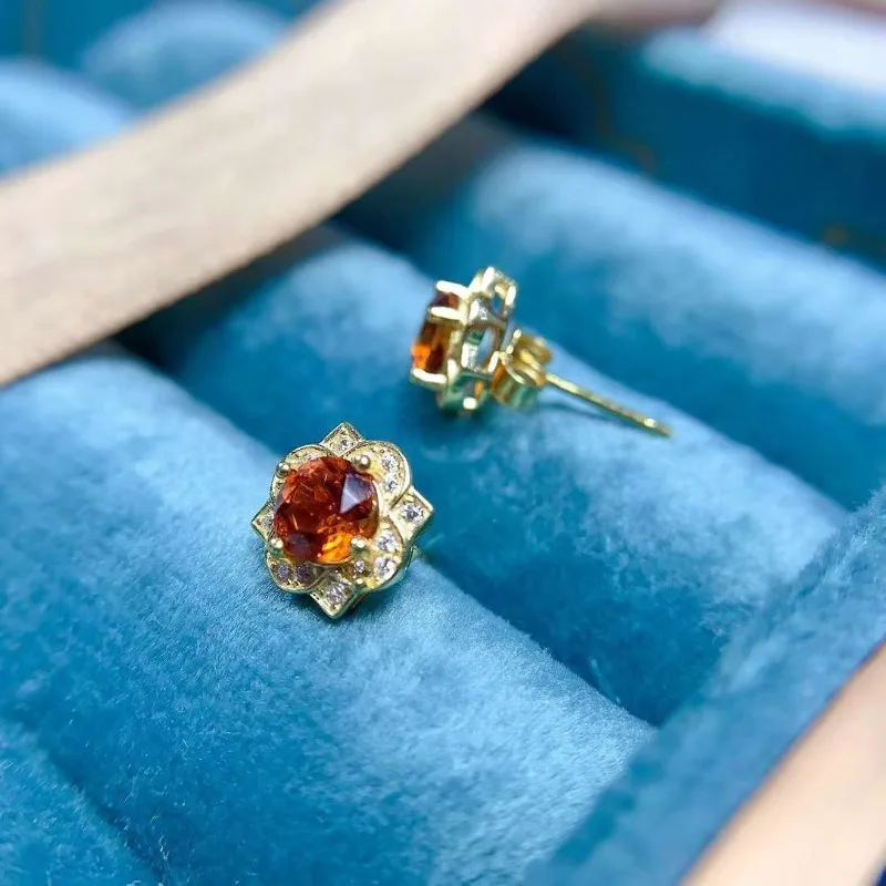New Natural Citrine Gemstone Jewelry Studs Earring  925 Pure Silver 5mm Suit Wedding Jewelry for Women