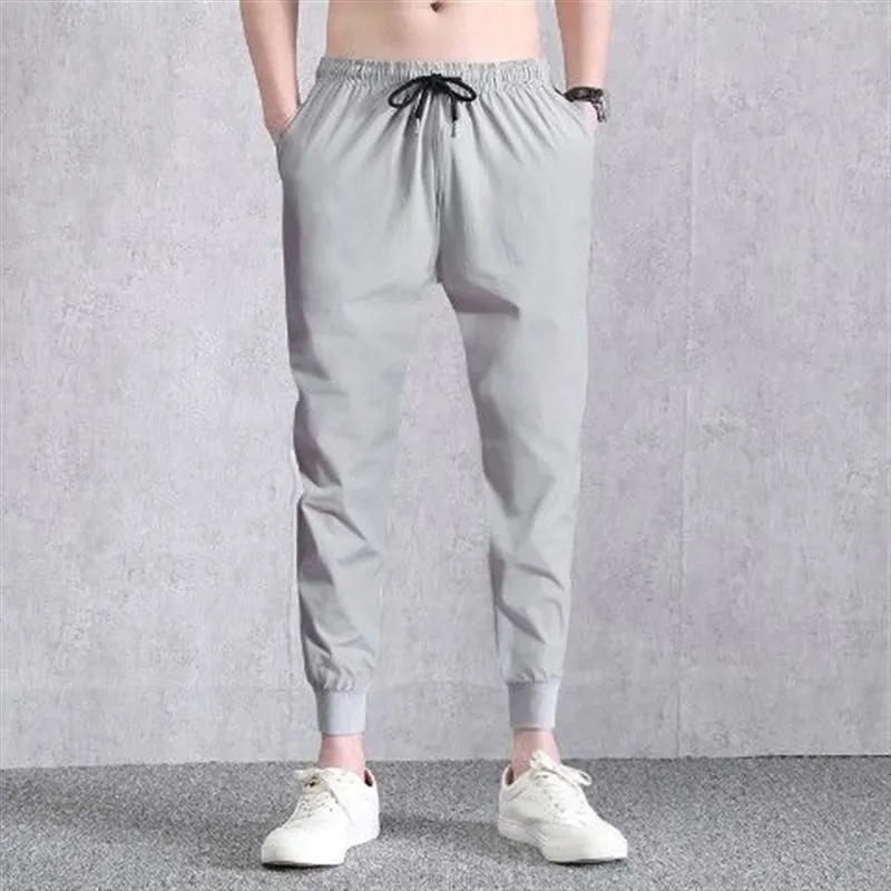 

Мужские летние брюки из ледяного шелка, тонкие, быстросохнущие, повседневные, с высокой талией, прямые, в корейском стиле, для отдыха