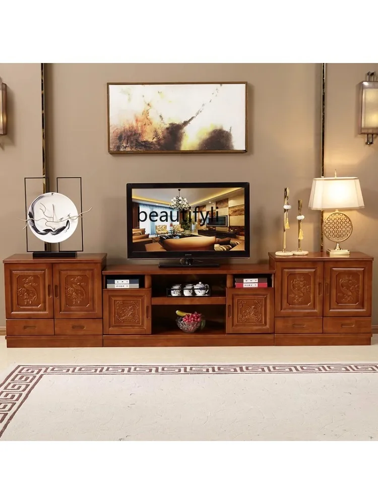 Chinese-Style Wood Carved TV Cabinet Rural Floor Cabinet Large Living Room Combination 3-Meter-High 70cm Floor Cabinet