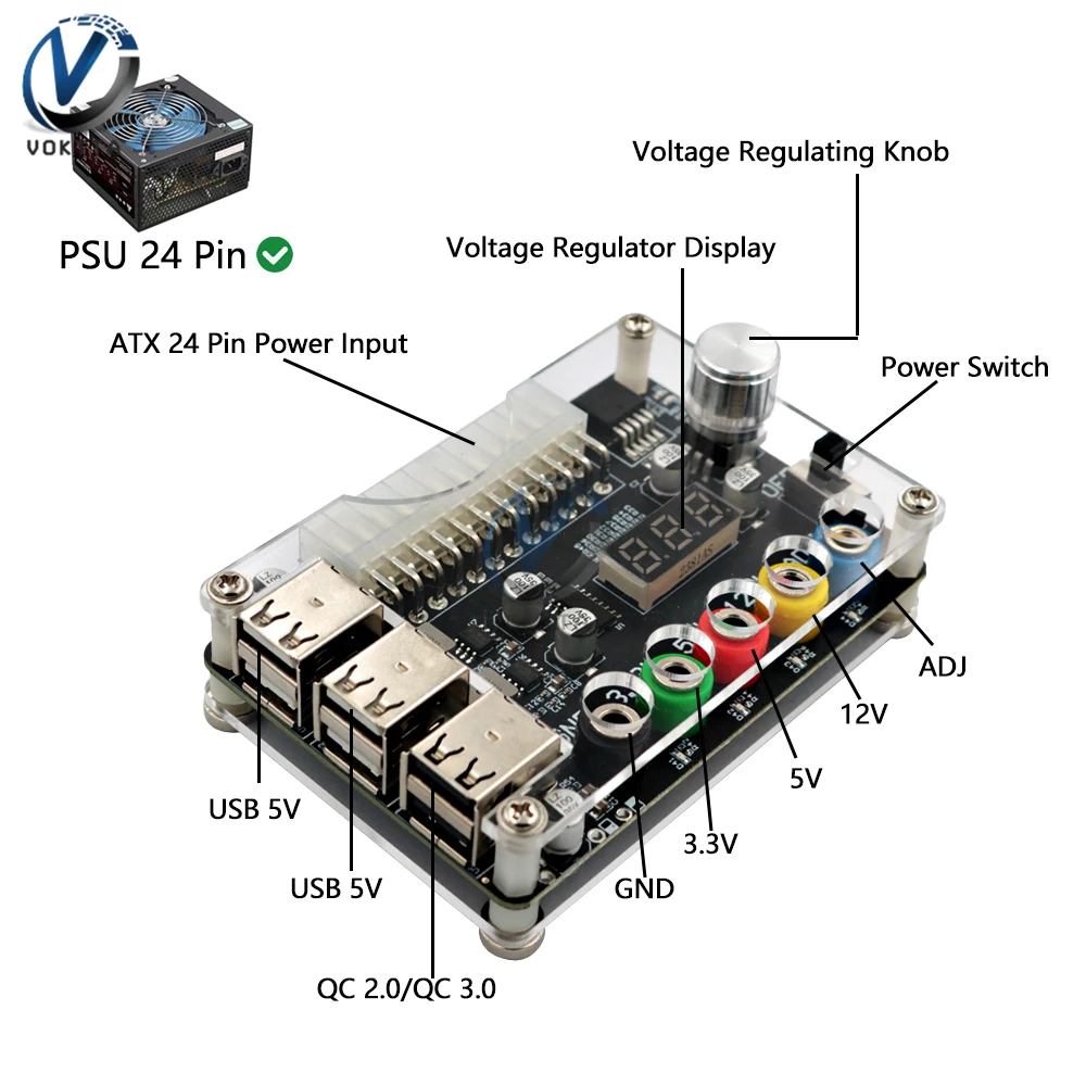 Placa de conexión de fuente de alimentación ATX, Módulo adaptador de fuente de alimentación USB 2,0 de 24 Pines, placa de transferencia de potencia de voltaje ajustable